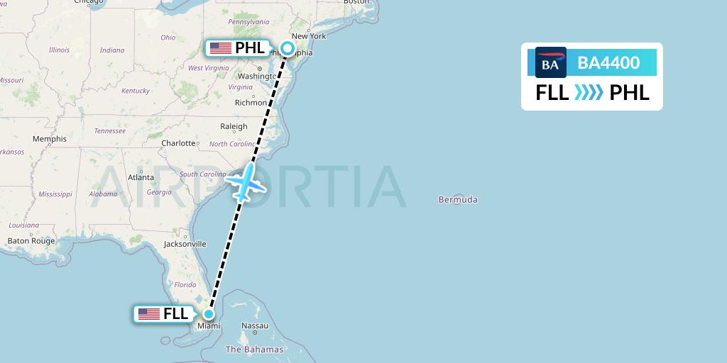 BA4400 British Airways Flight Map: Fort Lauderdale to Philadelphia