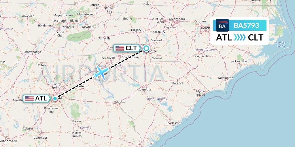 BA5793 British Airways Flight Map: Atlanta to Charlotte