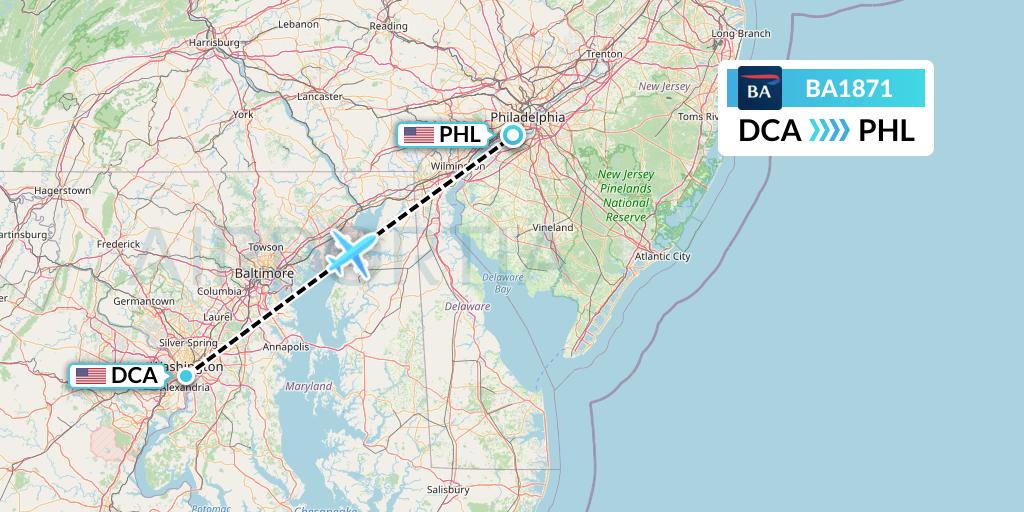 BA1871 British Airways Flight Map: Washington to Philadelphia