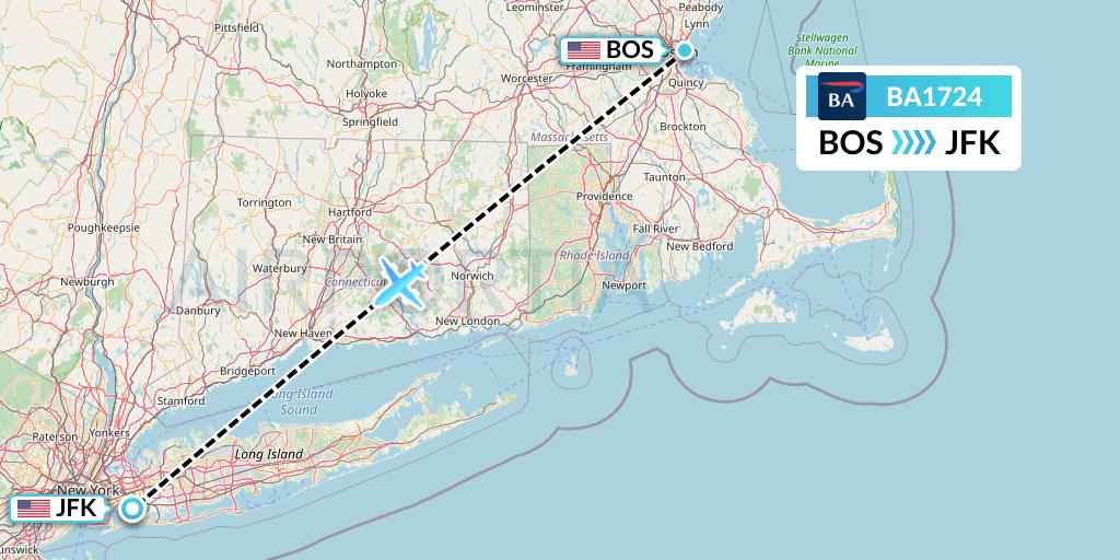 BA1724 British Airways Flight Map: Boston to New York