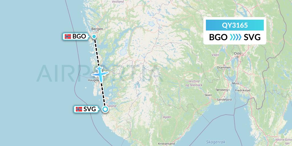 QY3165 European Air Transport Flight Map: Bergen to Stavanger