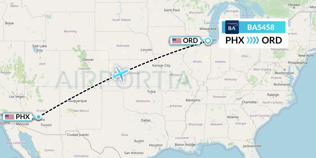 BA5458 British Airways Flight Map: Phoenix to Chicago