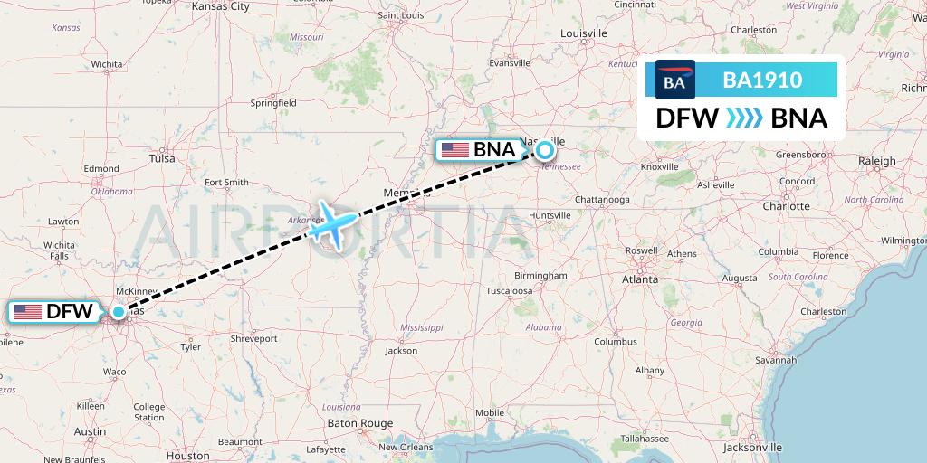 BA1910 British Airways Flight Map: Dallas to Nashville