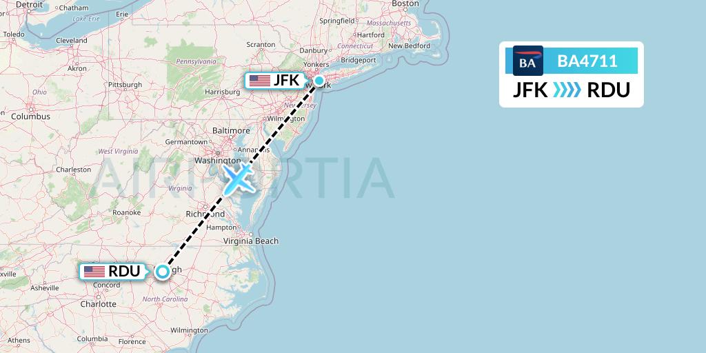 BA4711 British Airways Flight Map: New York to Raleigh-Durham