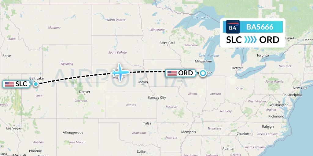 BA5666 British Airways Flight Map: Salt Lake City to Chicago