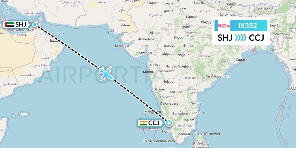 IX352 Air India Express Flight Map: Sharjah to Kozhikode