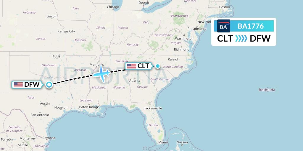 BA1776 British Airways Flight Map: Charlotte to Dallas
