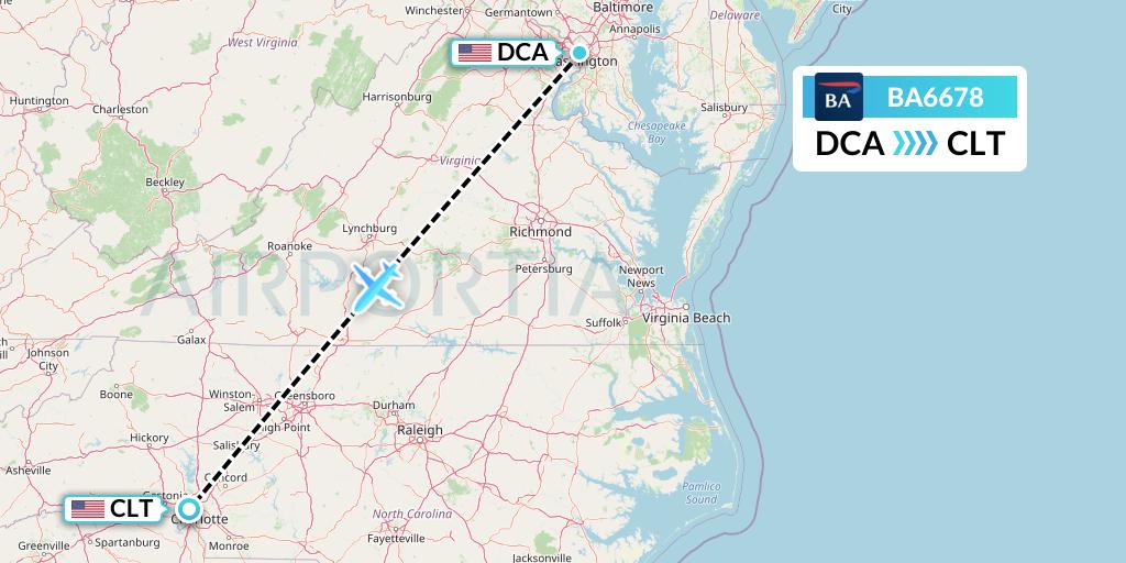 BA6678 British Airways Flight Map: Washington to Charlotte