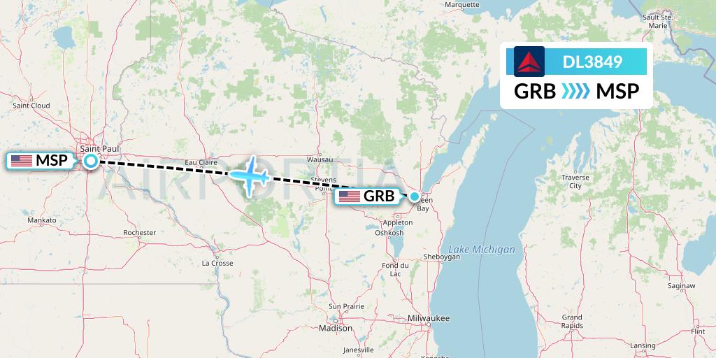 DL3849 Delta Air Lines Flight Map: Green Bay to Minneapolis