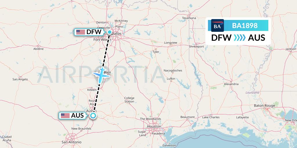 BA1898 British Airways Flight Map: Dallas to Austin
