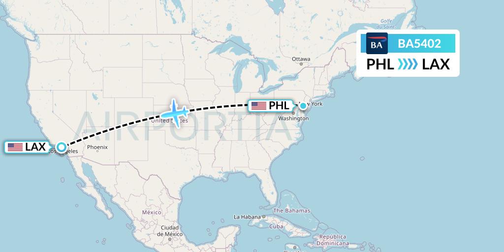 BA5402 British Airways Flight Map: Philadelphia to Los Angeles