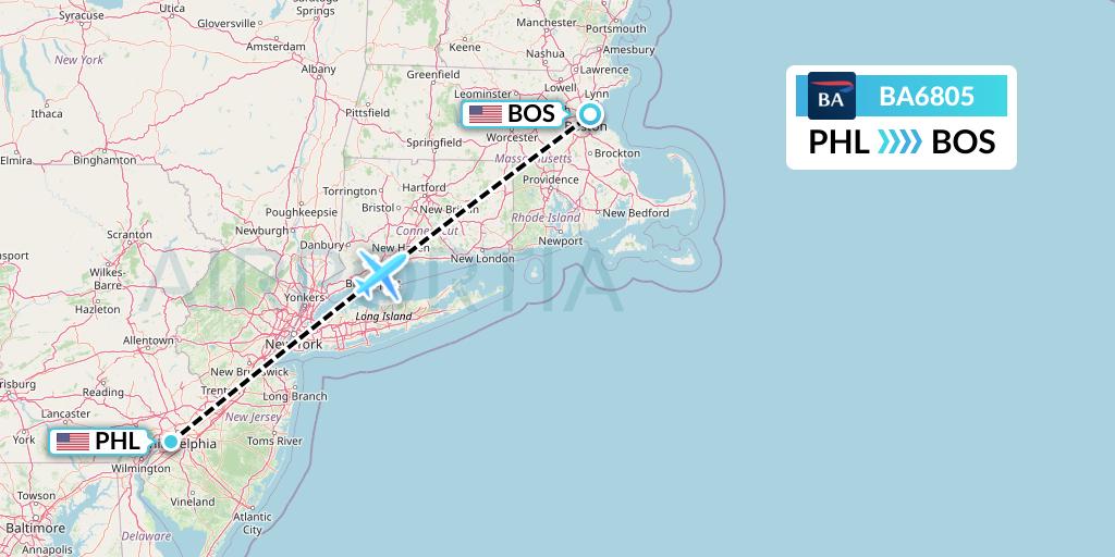 BA6805 British Airways Flight Map: Philadelphia to Boston