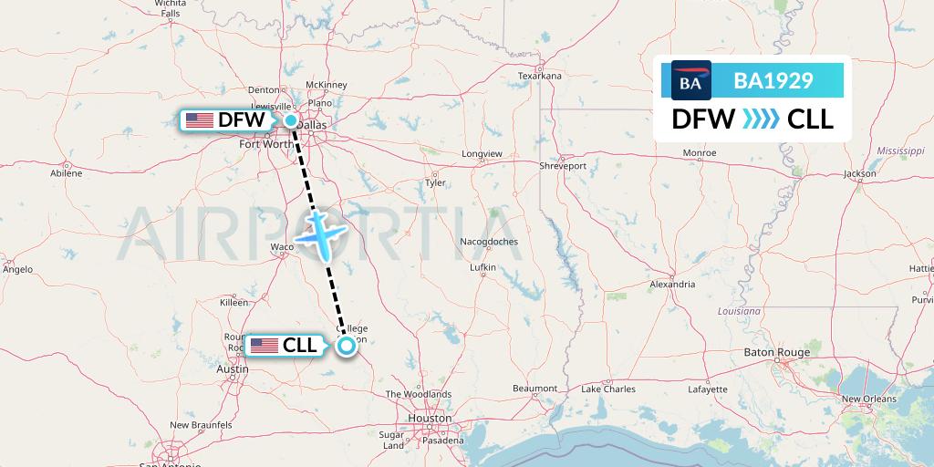 BA1929 British Airways Flight Map: Dallas to College Station