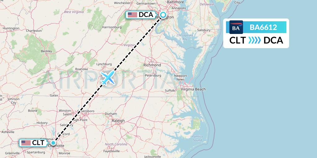 BA6612 British Airways Flight Map: Charlotte to Washington
