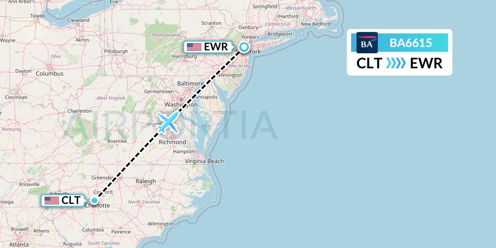 BA6615 British Airways Flight Map: Charlotte to New York