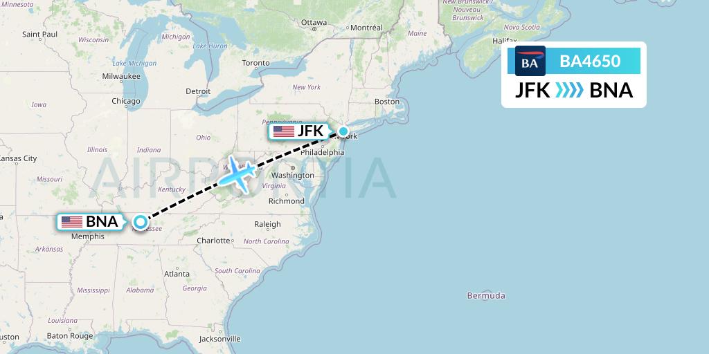 BA4650 British Airways Flight Map: New York to Nashville