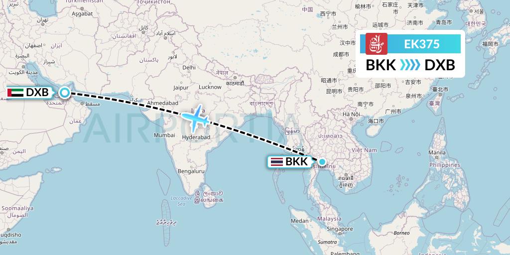 EK375 Emirates Flight Map: Bangkok to Dubai