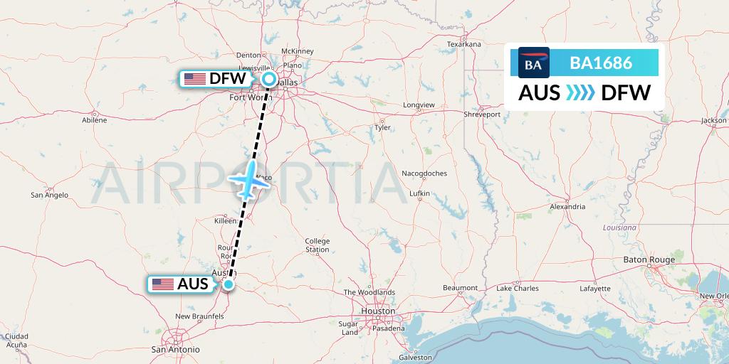 BA1686 British Airways Flight Map: Austin to Dallas