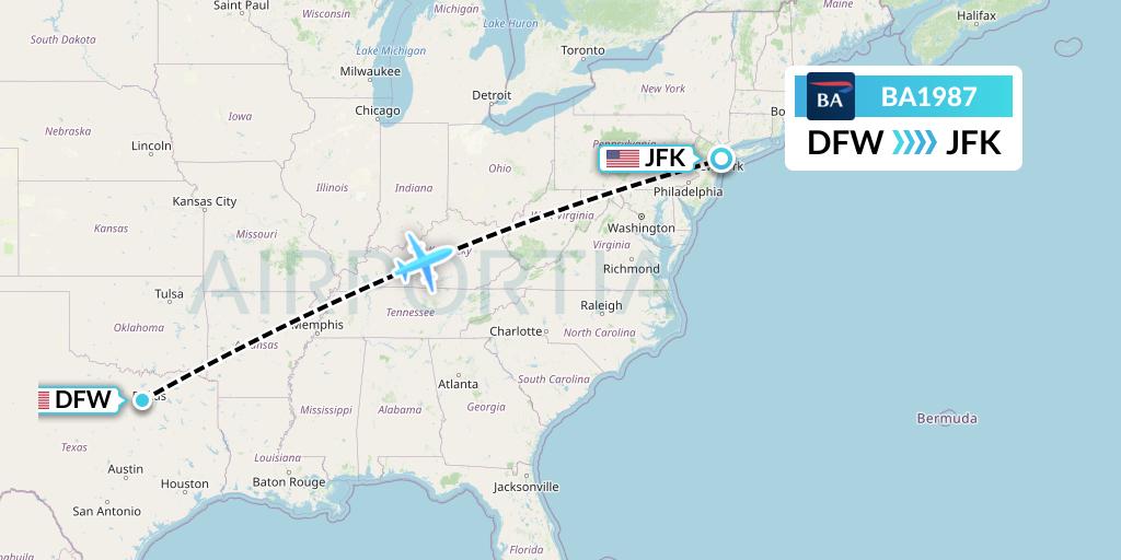 BA1987 British Airways Flight Map: Dallas to New York