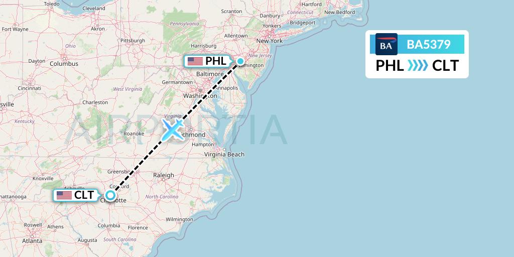 BA5379 British Airways Flight Map: Philadelphia to Charlotte