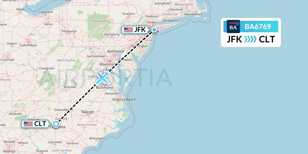 BA6769 British Airways Flight Map: New York to Charlotte