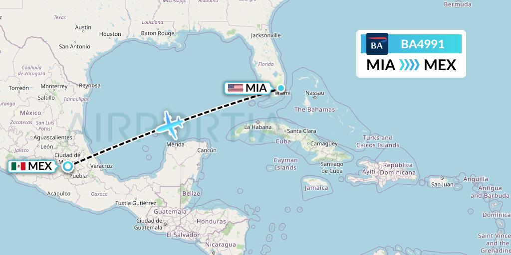 BA4991 British Airways Flight Map: Miami to Mexico City