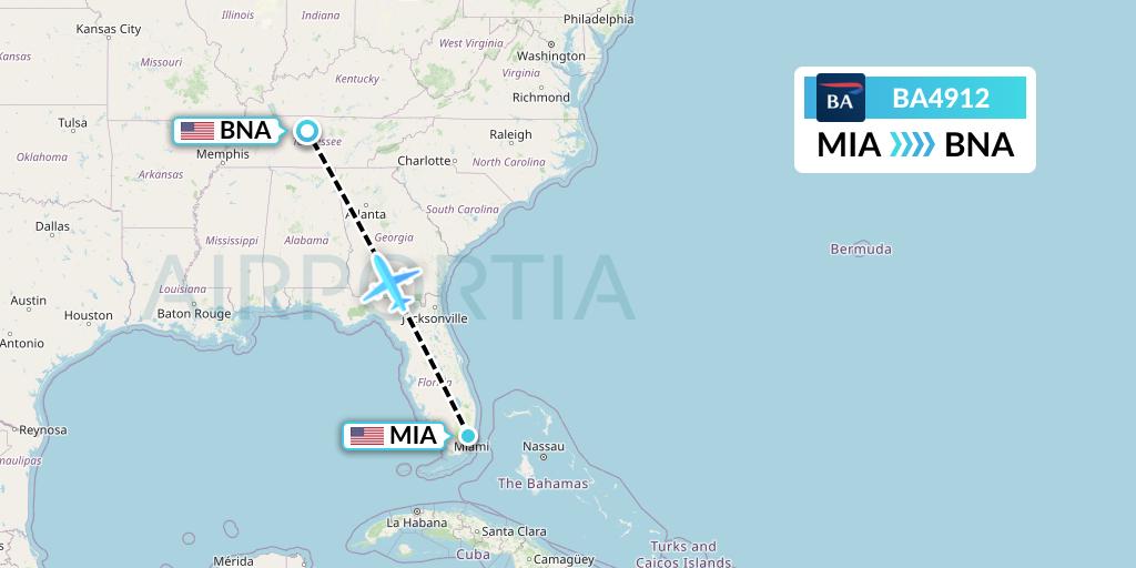 BA4912 British Airways Flight Map: Miami to Nashville