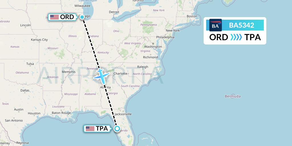 BA5342 British Airways Flight Map: Chicago to Tampa