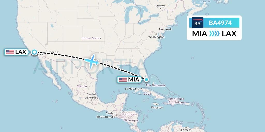 BA4974 British Airways Flight Map: Miami to Los Angeles