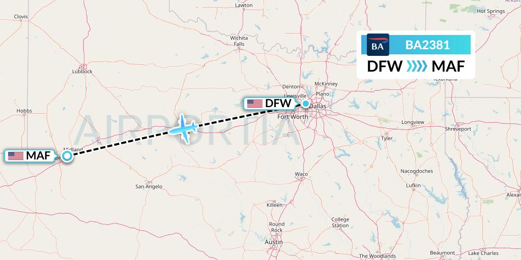 BA2381 British Airways Flight Map: Dallas to Midland
