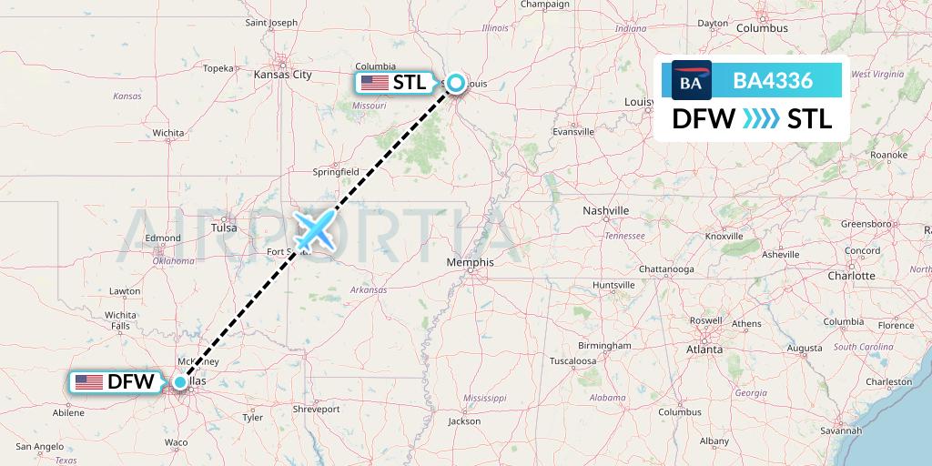 BA4336 British Airways Flight Map: Dallas to St. Louis