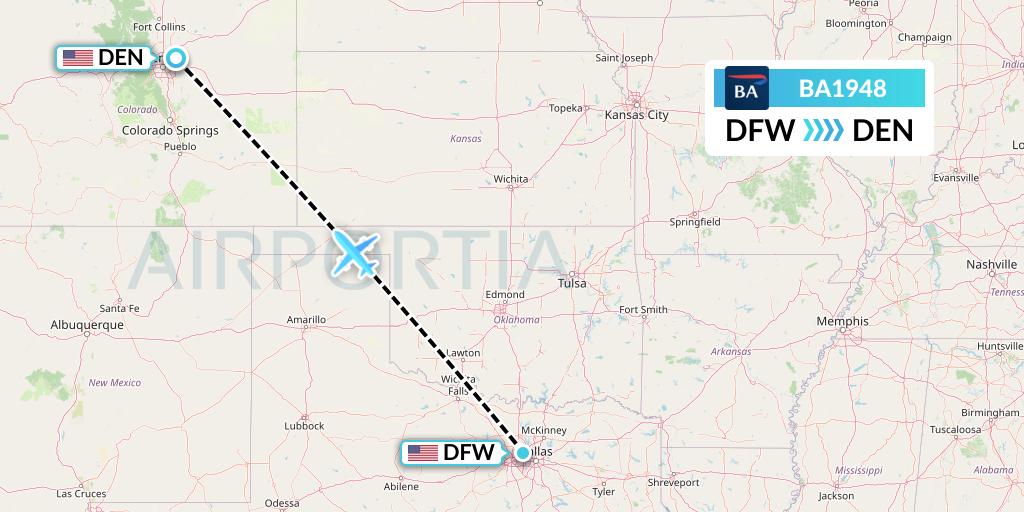 BA1948 British Airways Flight Map: Dallas to Denver
