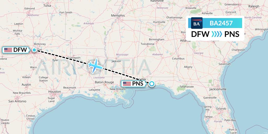 BA2457 British Airways Flight Map: Dallas to Pensacola