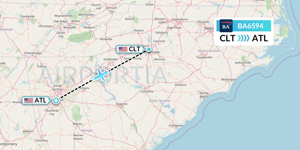 BA6594 British Airways Flight Map: Charlotte to Atlanta