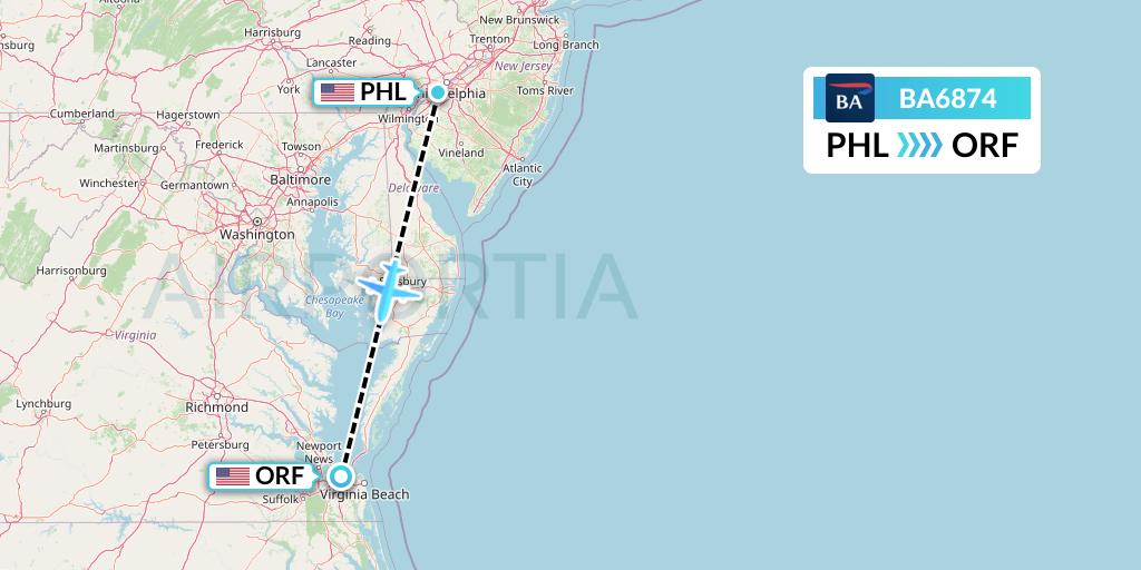 BA6874 British Airways Flight Map: Philadelphia to Norfolk