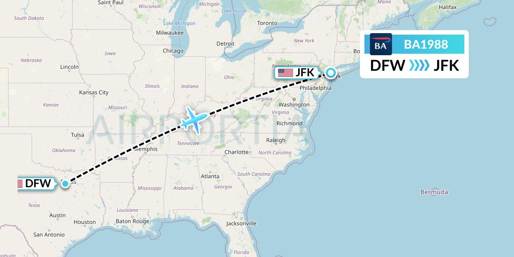 BA1988 British Airways Flight Map: Dallas to New York