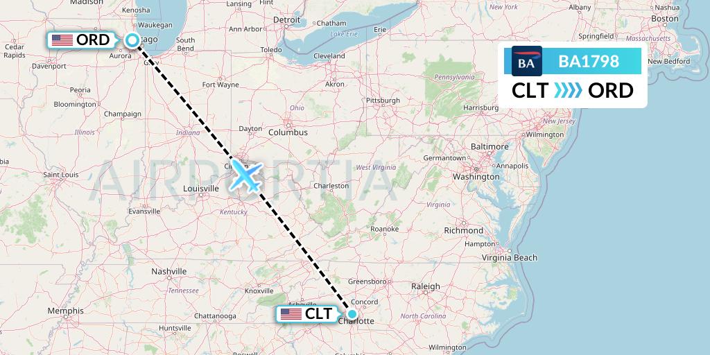 BA1798 British Airways Flight Map: Charlotte to Chicago