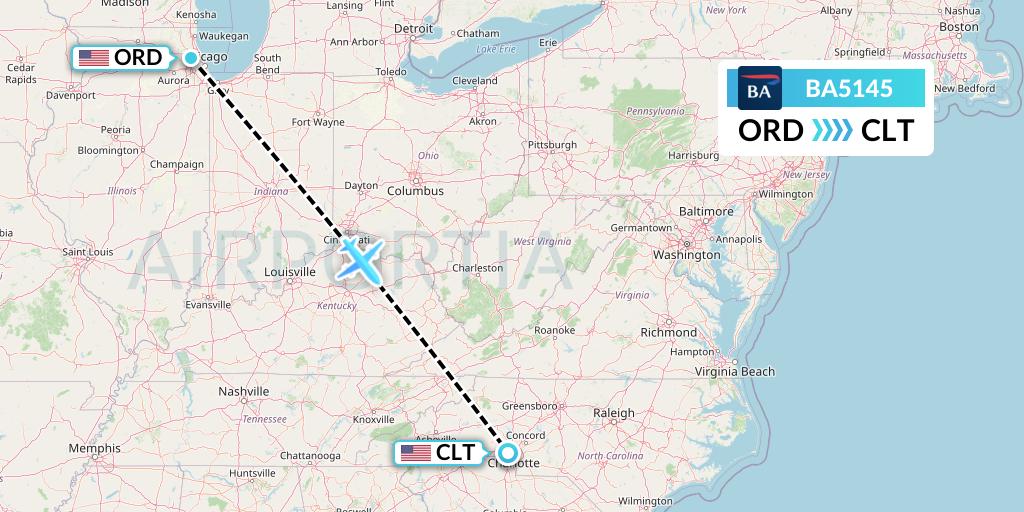 BA5145 British Airways Flight Map: Chicago to Charlotte