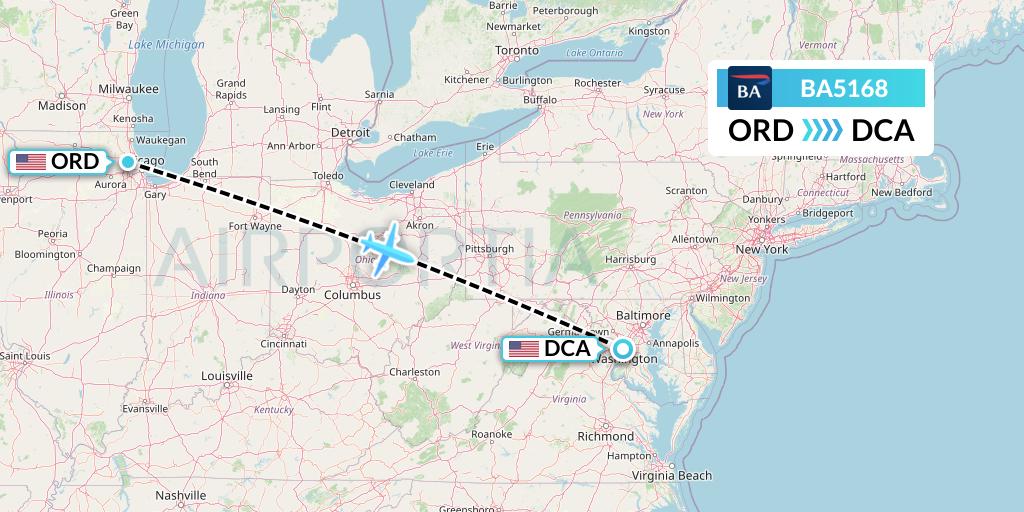 BA5168 British Airways Flight Map: Chicago to Washington