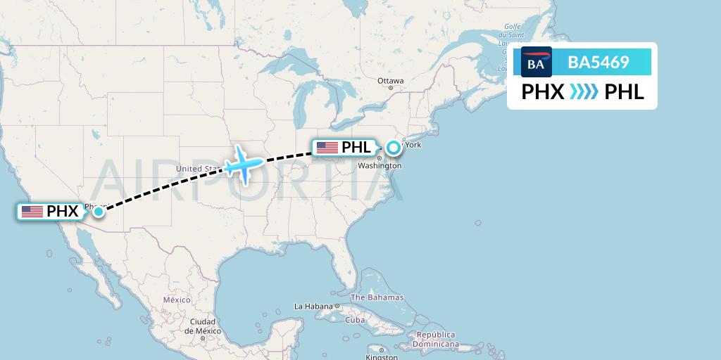 BA5469 British Airways Flight Map: Phoenix to Philadelphia