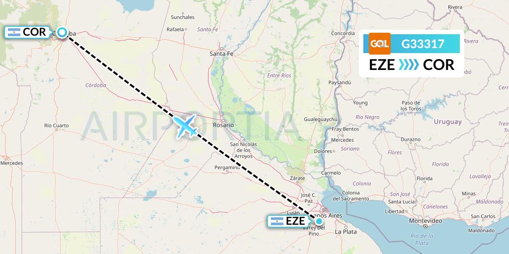 G33317 GOL Transportes Aeros Flight Map: Buenos Aires to Cordoba