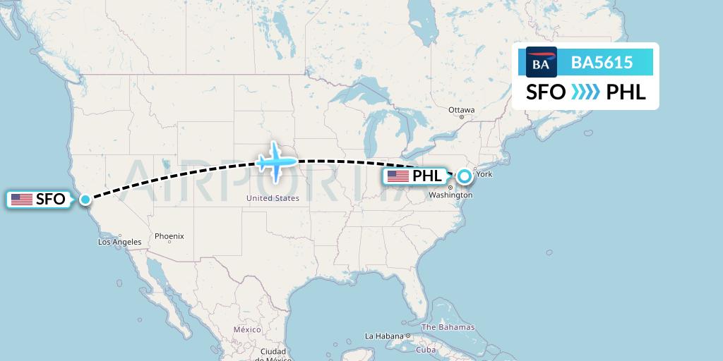 BA5615 British Airways Flight Map: San Francisco to Philadelphia