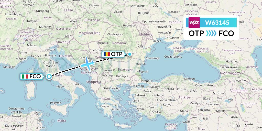 W63145 Wizz Air Flight Map: Bucharest to Rome