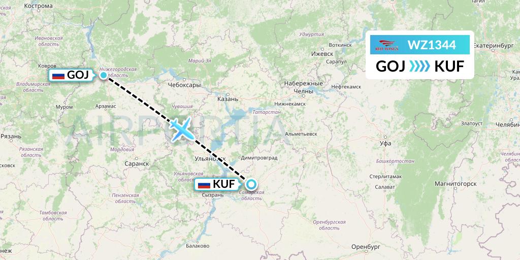 WZ1344 Red Wings Flight Map: Nizhny Novgorod to Samara