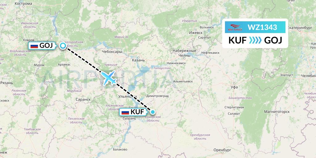 WZ1343 Red Wings Flight Map: Samara to Nizhny Novgorod