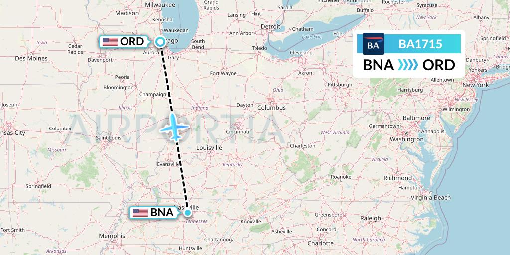BA1715 British Airways Flight Map: Nashville to Chicago