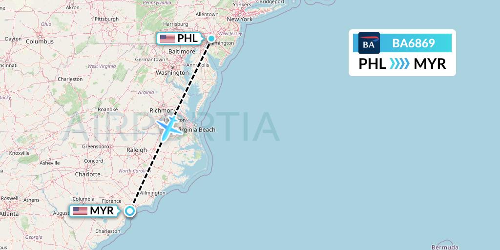 BA6869 British Airways Flight Map: Philadelphia to Myrtle Beach