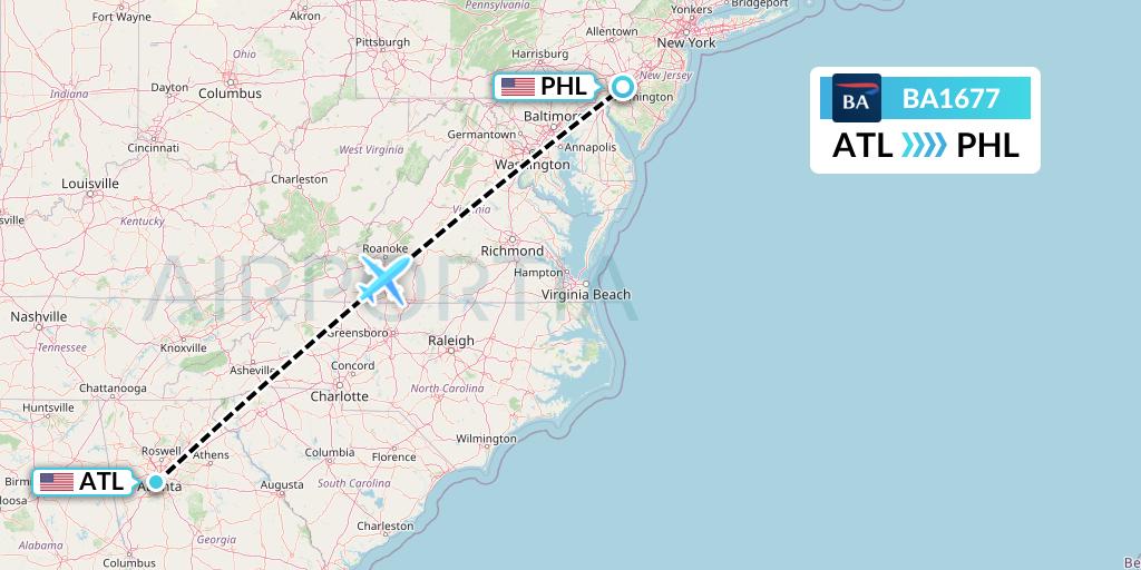 BA1677 British Airways Flight Map: Atlanta to Philadelphia