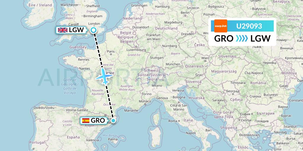 U29093 EasyJet Flight Map: Girona to London