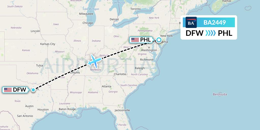 BA2449 British Airways Flight Map: Dallas to Philadelphia